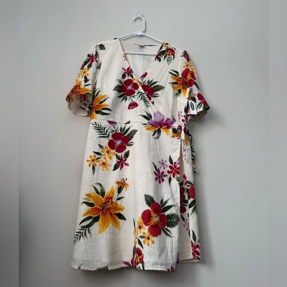 Waist-Difined Bell-Sleeve Faux-Wrap Dress for Women, white floral, Size L - Picture 3 of 12